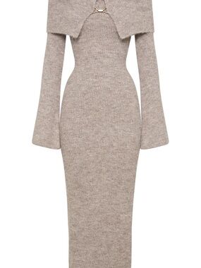 Meshki Taupe Rib-Knit Maxi Dress with Bell Sleeves